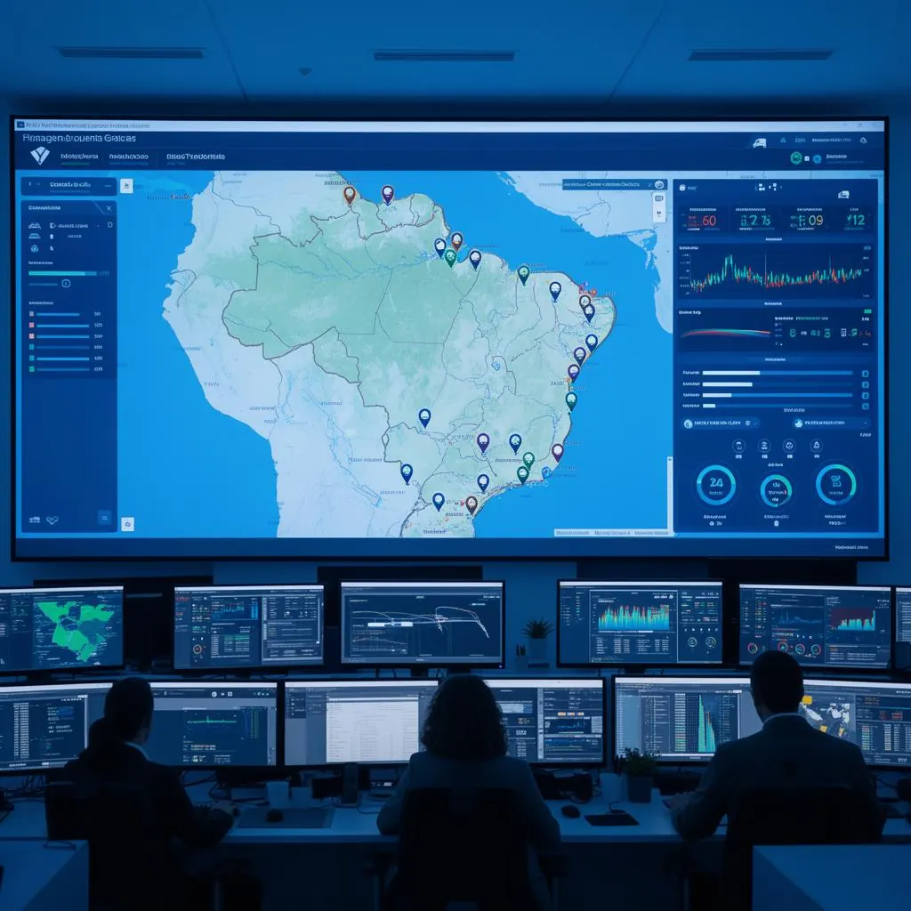 Sala de controle com mapa do Brasil rastreando frotas